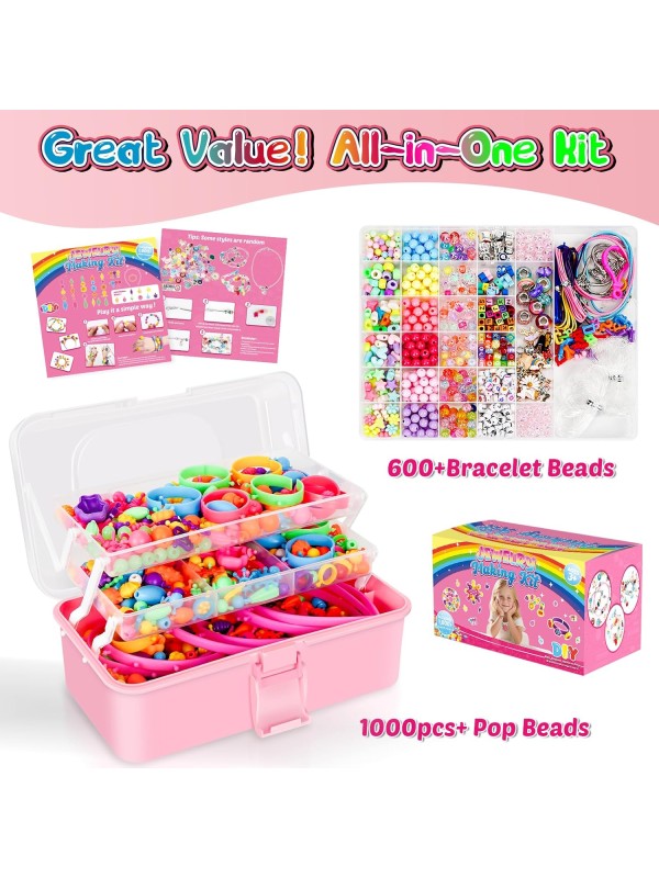 FUNZBO 520+ Snap Pop Beads - Jewelry Making Kit for Kids, Arts and Crafts for Kids Ages 4-8, Toys for 3 4 5 6 Years Old Girls Birthday Gifts Ideas, Bracelet Necklace Ring Snap Set for Little Girls
