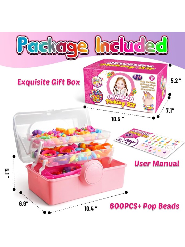 FUNZBO 520+ Snap Pop Beads - Jewelry Making Kit for Kids, Arts and Crafts for Kids Ages 4-8, Toys for 3 4 5 6 Years Old Girls Birthday Gifts Ideas, Bracelet Necklace Ring Snap Set for Little Girls