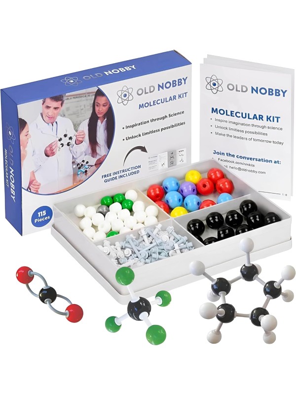 OLD NOBBY Organic Chemistry 239 Piece Model Kit - Molecular Model Kit with Atoms, Bonds, Instructional Guide, Bond Removal Tool, and Bonus Molecular Stencil