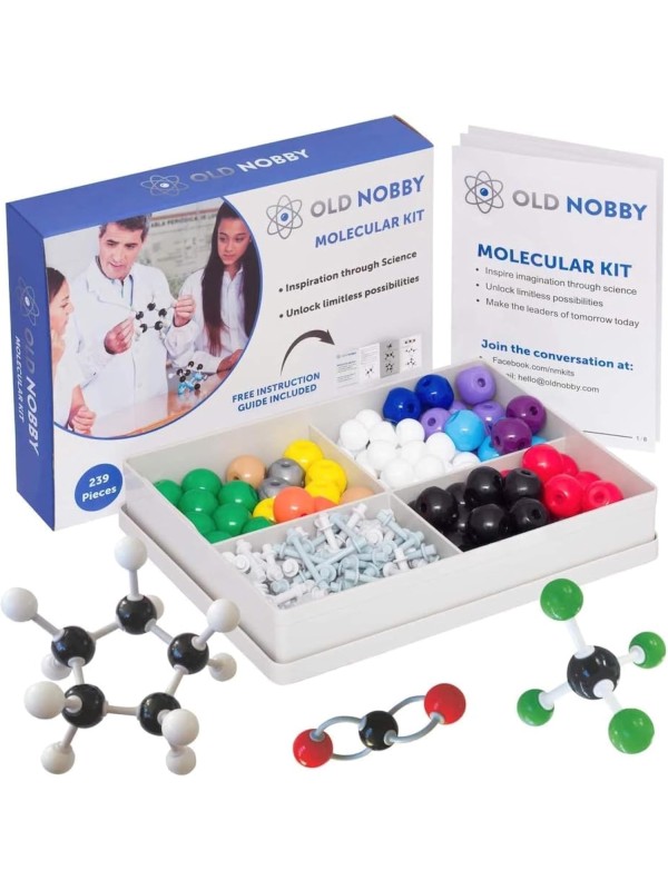 OLD NOBBY Organic Chemistry 239 Piece Model Kit - Molecular Model Kit with Atoms, Bonds, Instructional Guide, Bond Removal Tool, and Bonus Molecular Stencil