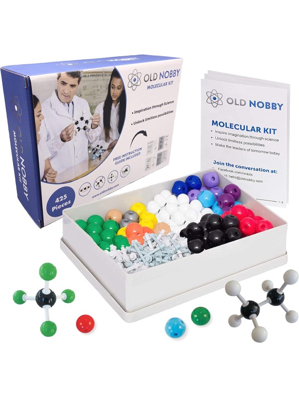 OLD NOBBY Organic Chemistry 239 Piece Model Kit - Molecular Model Kit with Atoms, Bonds, Instructional Guide, Bond Removal Tool, and Bonus Molecular Stencil