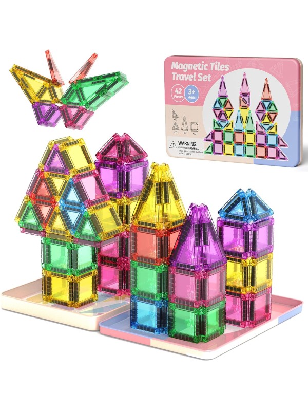 Magnetic Tile Mini Diamond Set Travel Size Magnetic Building Toys with Iron Case, Kid's Travel Essential On-The-Go Magnet Construction Toy Set STEM Development Kit Ages 3+, 26-Piece