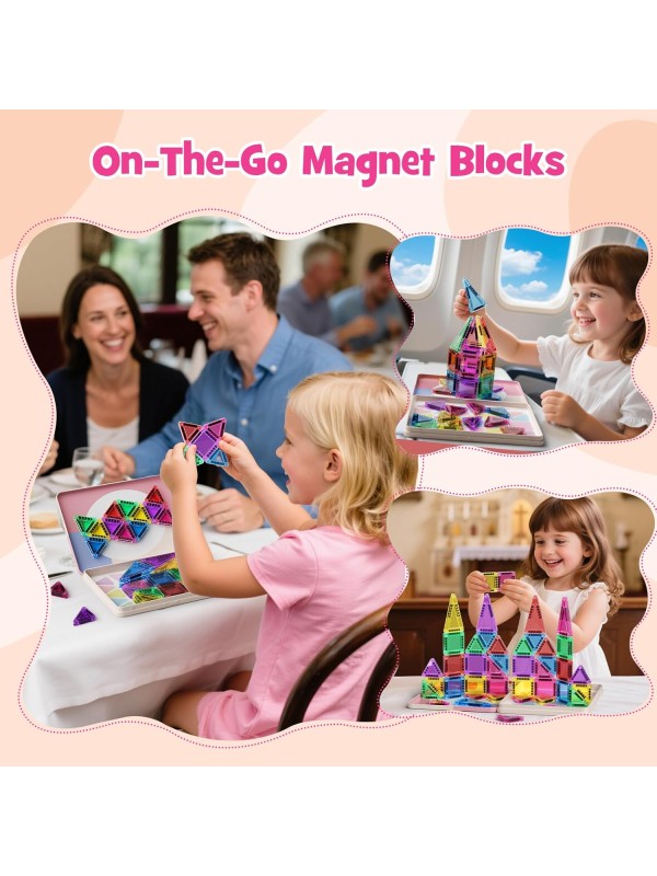 Magnetic Tile Mini Diamond Set Travel Size Magnetic Building Toys with Iron Case, Kid's Travel Essential On-The-Go Magnet Construction Toy Set STEM Development Kit Ages 3+, 26-Piece