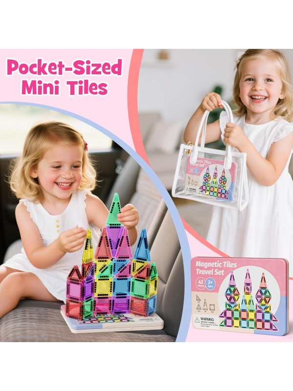 Magnetic Tile Mini Diamond Set Travel Size Magnetic Building Toys with Iron Case, Kid's Travel Essential On-The-Go Magnet Construction Toy Set STEM Development Kit Ages 3+, 26-Piece