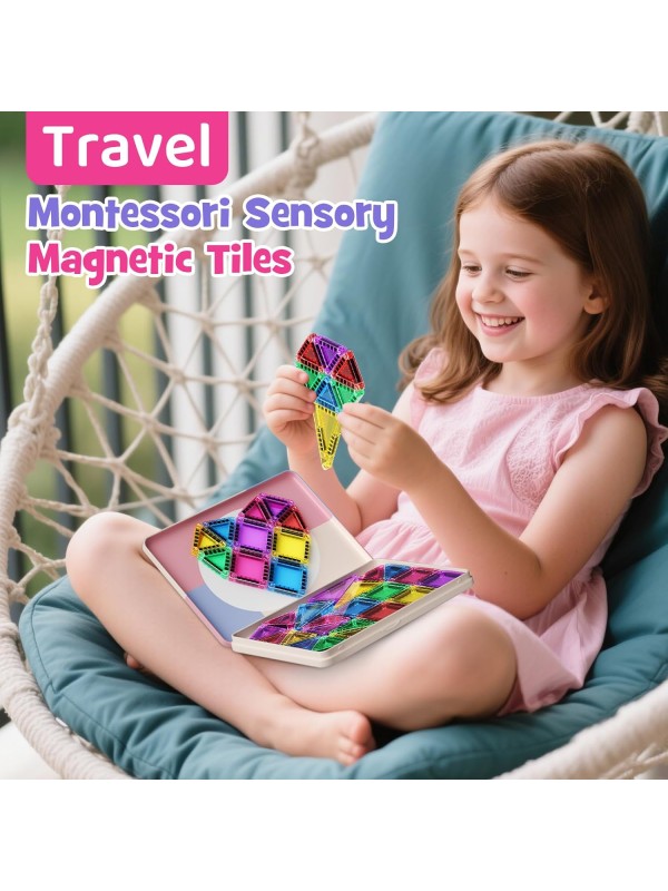 Magnetic Tile Mini Diamond Set Travel Size Magnetic Building Toys with Iron Case, Kid's Travel Essential On-The-Go Magnet Construction Toy Set STEM Development Kit Ages 3+, 26-Piece