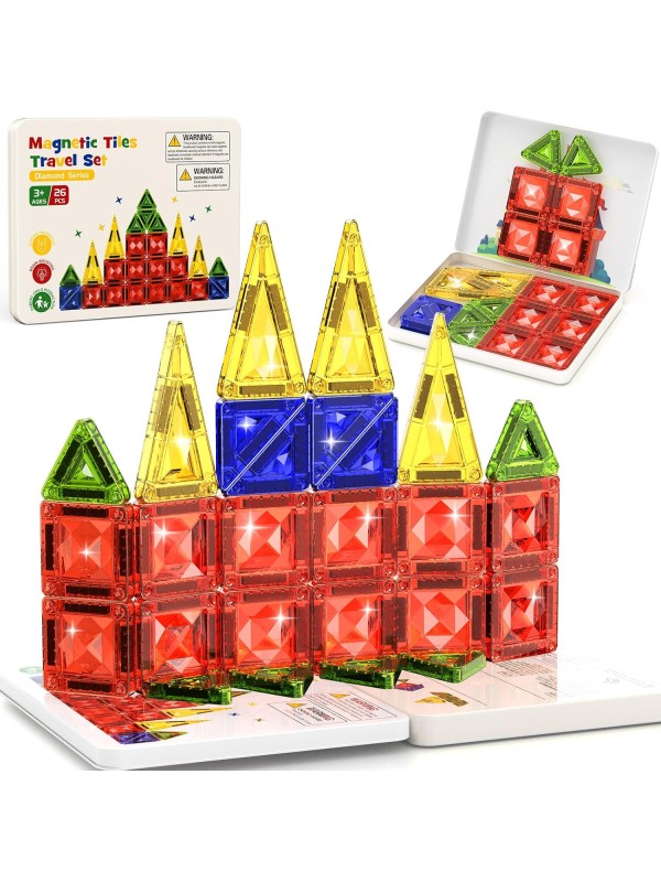 Magnetic Tile Mini Diamond Set Travel Size Magnetic Building Toys with Iron Case, Kid's Travel Essential On-The-Go Magnet Construction Toy Set STEM Development Kit Ages 3+, 26-Piece