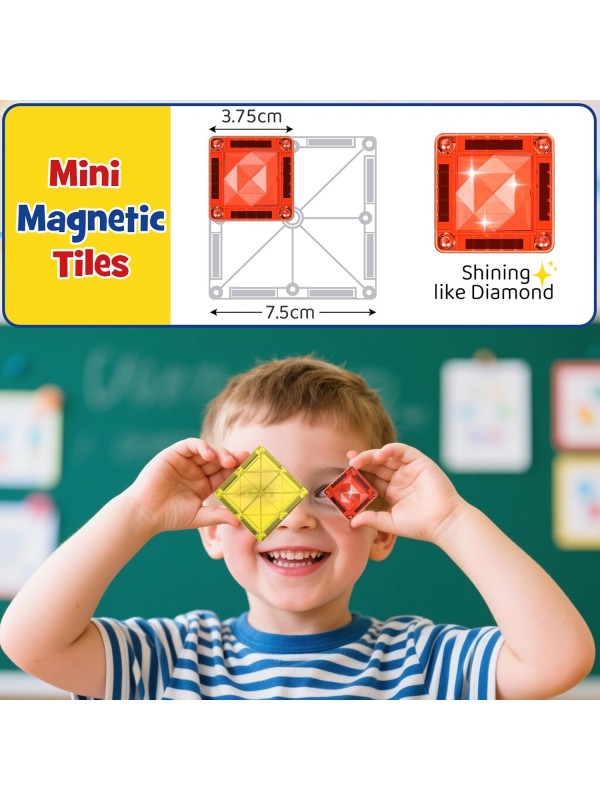 Magnetic Tile Mini Diamond Set Travel Size Magnetic Building Toys with Iron Case, Kid's Travel Essential On-The-Go Magnet Construction Toy Set STEM Development Kit Ages 3+, 26-Piece