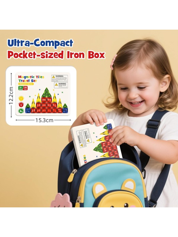 Magnetic Tile Mini Diamond Set Travel Size Magnetic Building Toys with Iron Case, Kid's Travel Essential On-The-Go Magnet Construction Toy Set STEM Development Kit Ages 3+, 26-Piece