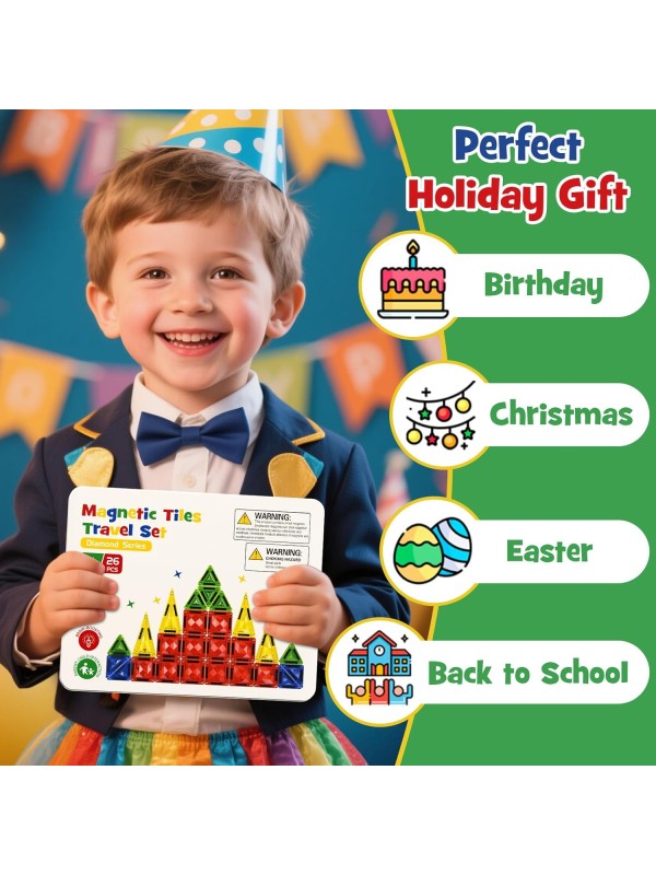 Magnetic Tile Mini Diamond Set Travel Size Magnetic Building Toys with Iron Case, Kid's Travel Essential On-The-Go Magnet Construction Toy Set STEM Development Kit Ages 3+, 26-Piece