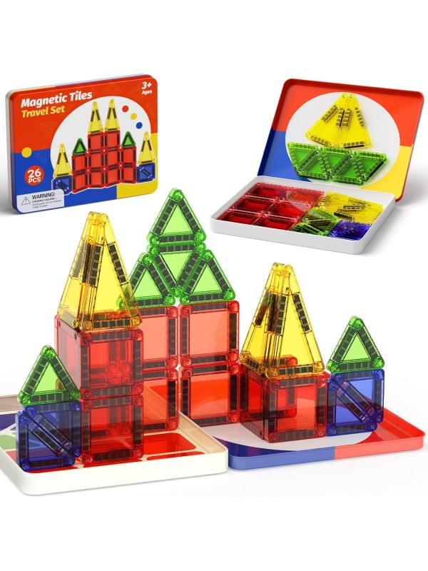 Magnetic Tile Mini Diamond Set Travel Size Magnetic Building Toys with Iron Case, Kid's Travel Essential On-The-Go Magnet Construction Toy Set STEM Development Kit Ages 3+, 26-Piece