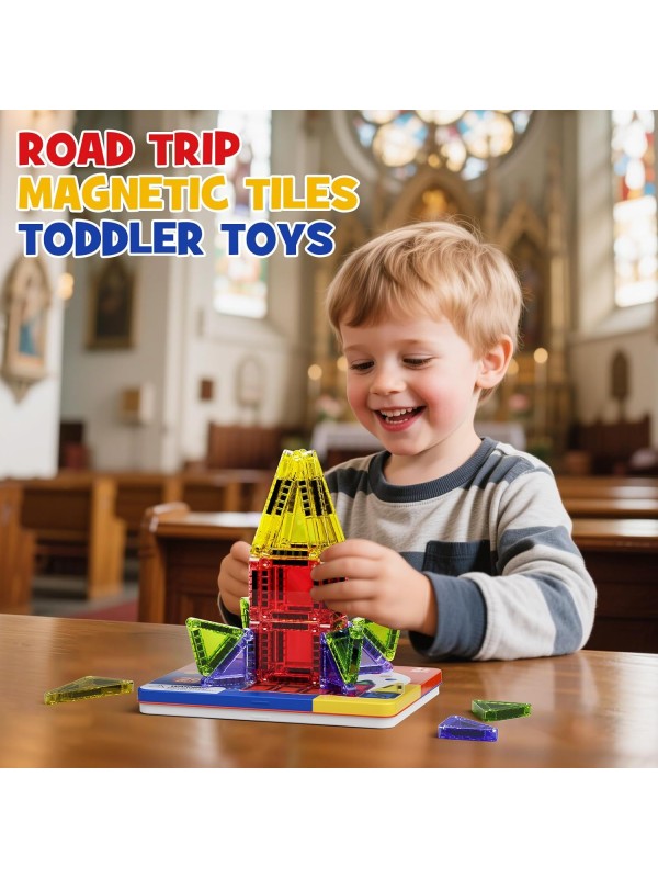 Magnetic Tile Mini Diamond Set Travel Size Magnetic Building Toys with Iron Case, Kid's Travel Essential On-The-Go Magnet Construction Toy Set STEM Development Kit Ages 3+, 26-Piece