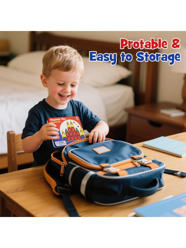 Magnetic Tile Mini Diamond Set Travel Size Magnetic Building Toys with Iron Case, Kid's Travel Essential On-The-Go Magnet Construction Toy Set STEM Development Kit Ages 3+, 26-Piece