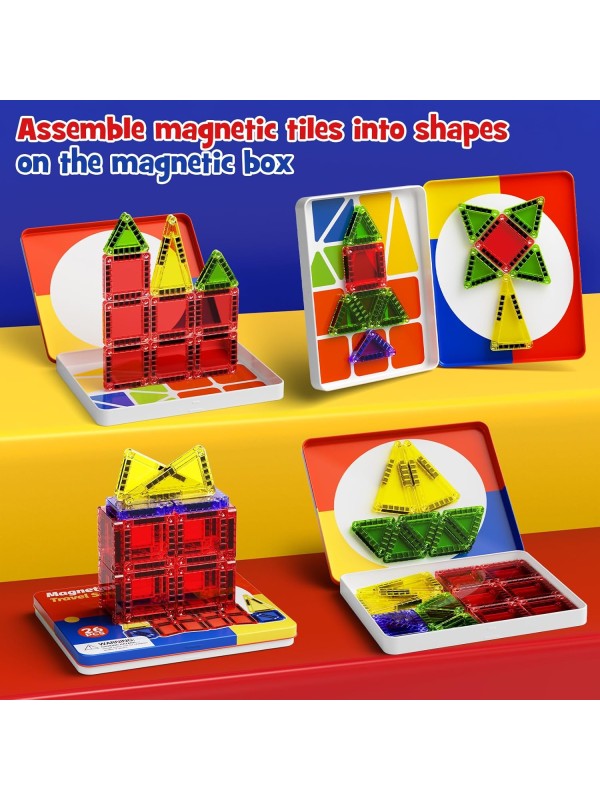 Magnetic Tile Mini Diamond Set Travel Size Magnetic Building Toys with Iron Case, Kid's Travel Essential On-The-Go Magnet Construction Toy Set STEM Development Kit Ages 3+, 26-Piece