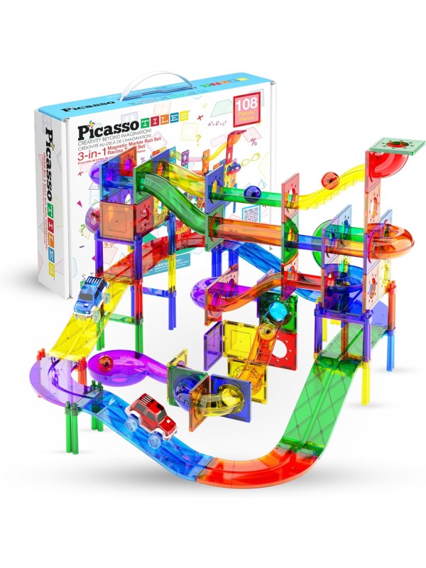 PicassoTiles 108pc 3-in-1 Marble Run Car Race Track Combo Magnetic Tiles PicassoToys Magnet Building Block Educational Construction Toy Playset STEM STEAM Learning Kit Child Brain Development PTG108