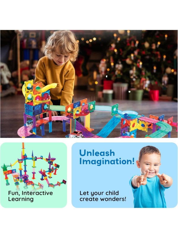 PicassoTiles 108pc 3-in-1 Marble Run Car Race Track Combo Magnetic Tiles PicassoToys Magnet Building Block Educational Construction Toy Playset STEM STEAM Learning Kit Child Brain Development PTG108