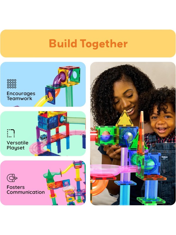 PicassoTiles 108pc 3-in-1 Marble Run Car Race Track Combo Magnetic Tiles PicassoToys Magnet Building Block Educational Construction Toy Playset STEM STEAM Learning Kit Child Brain Development PTG108