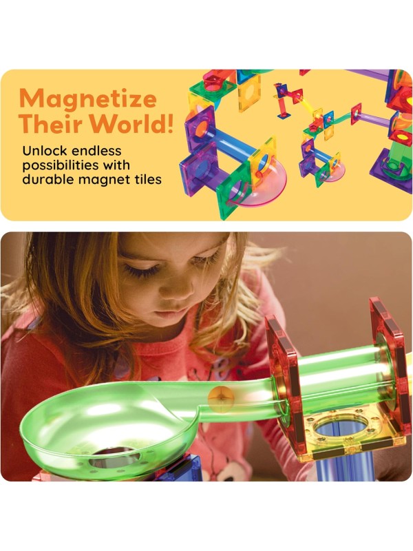 PicassoTiles 108pc 3-in-1 Marble Run Car Race Track Combo Magnetic Tiles PicassoToys Magnet Building Block Educational Construction Toy Playset STEM STEAM Learning Kit Child Brain Development PTG108