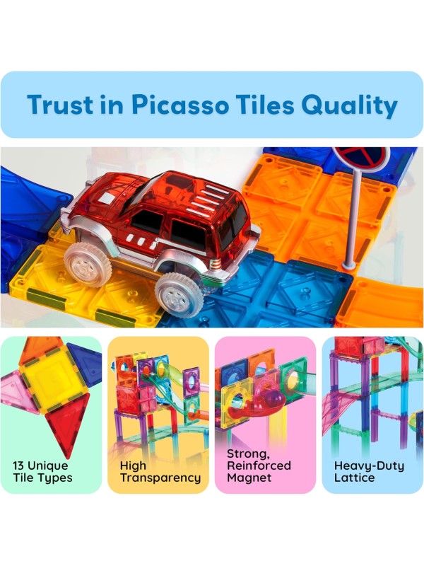 PicassoTiles 108pc 3-in-1 Marble Run Car Race Track Combo Magnetic Tiles PicassoToys Magnet Building Block Educational Construction Toy Playset STEM STEAM Learning Kit Child Brain Development PTG108