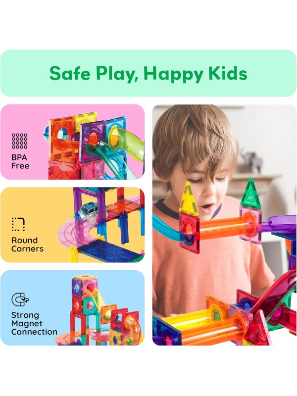 PicassoTiles 108pc 3-in-1 Marble Run Car Race Track Combo Magnetic Tiles PicassoToys Magnet Building Block Educational Construction Toy Playset STEM STEAM Learning Kit Child Brain Development PTG108
