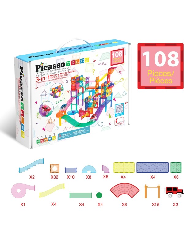 PicassoTiles 108pc 3-in-1 Marble Run Car Race Track Combo Magnetic Tiles PicassoToys Magnet Building Block Educational Construction Toy Playset STEM STEAM Learning Kit Child Brain Development PTG108