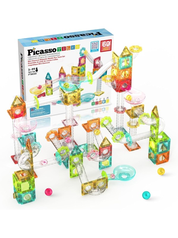PicassoTiles 108pc 3-in-1 Marble Run Car Race Track Combo Magnetic Tiles PicassoToys Magnet Building Block Educational Construction Toy Playset STEM STEAM Learning Kit Child Brain Development PTG108