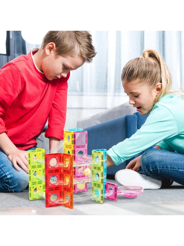 PicassoTiles 108pc 3-in-1 Marble Run Car Race Track Combo Magnetic Tiles PicassoToys Magnet Building Block Educational Construction Toy Playset STEM STEAM Learning Kit Child Brain Development PTG108