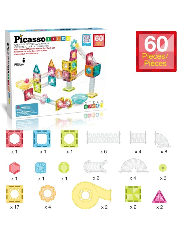 PicassoTiles 108pc 3-in-1 Marble Run Car Race Track Combo Magnetic Tiles PicassoToys Magnet Building Block Educational Construction Toy Playset STEM STEAM Learning Kit Child Brain Development PTG108