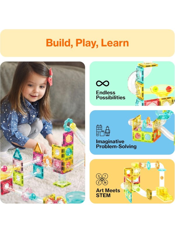 PicassoTiles 108pc 3-in-1 Marble Run Car Race Track Combo Magnetic Tiles PicassoToys Magnet Building Block Educational Construction Toy Playset STEM STEAM Learning Kit Child Brain Development PTG108