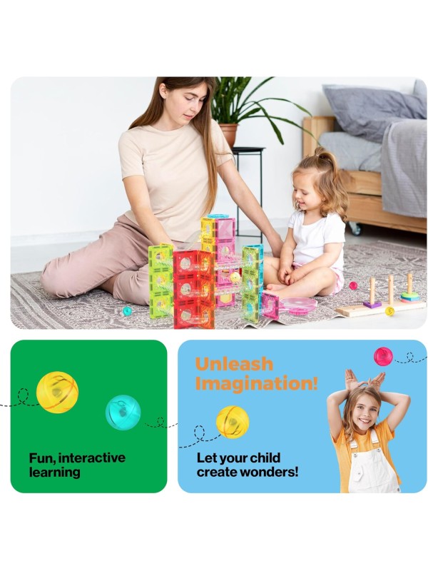 PicassoTiles 108pc 3-in-1 Marble Run Car Race Track Combo Magnetic Tiles PicassoToys Magnet Building Block Educational Construction Toy Playset STEM STEAM Learning Kit Child Brain Development PTG108
