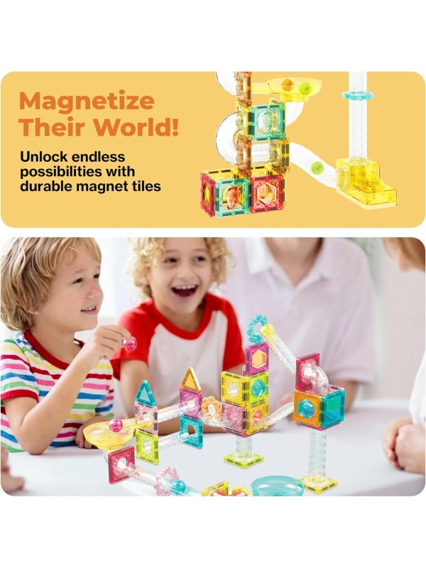 PicassoTiles 108pc 3-in-1 Marble Run Car Race Track Combo Magnetic Tiles PicassoToys Magnet Building Block Educational Construction Toy Playset STEM STEAM Learning Kit Child Brain Development PTG108