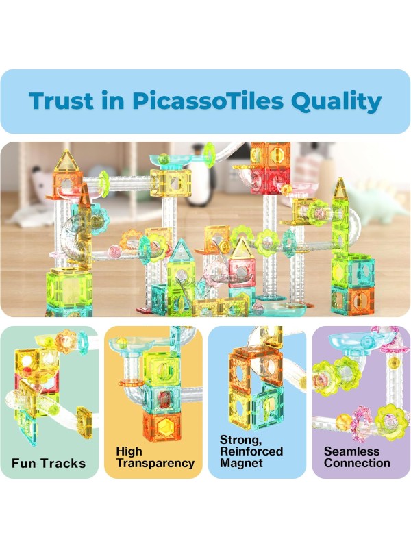 PicassoTiles 108pc 3-in-1 Marble Run Car Race Track Combo Magnetic Tiles PicassoToys Magnet Building Block Educational Construction Toy Playset STEM STEAM Learning Kit Child Brain Development PTG108