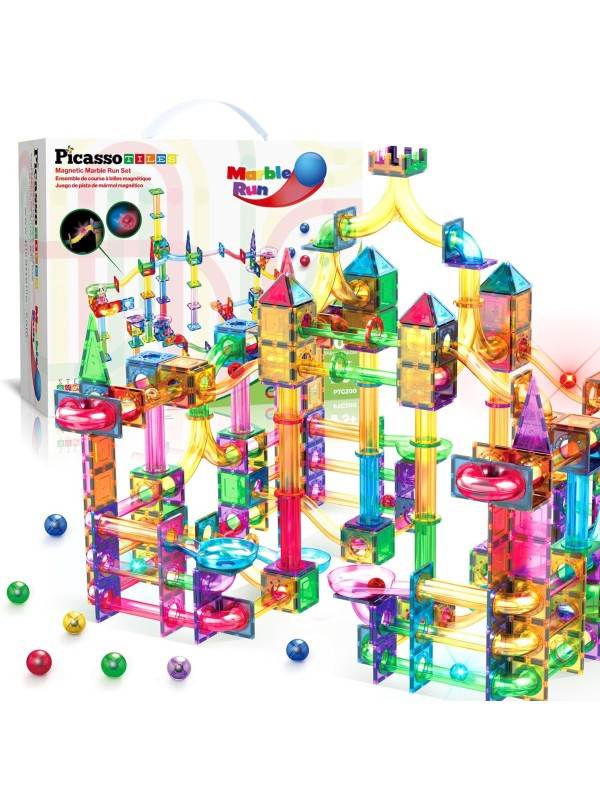 PicassoTiles 108pc 3-in-1 Marble Run Car Race Track Combo Magnetic Tiles PicassoToys Magnet Building Block Educational Construction Toy Playset STEM STEAM Learning Kit Child Brain Development PTG108