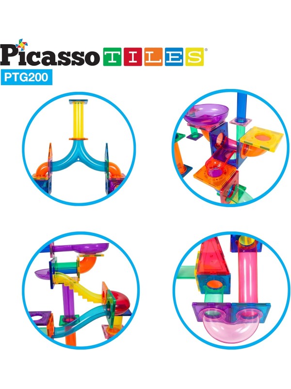 PicassoTiles 108pc 3-in-1 Marble Run Car Race Track Combo Magnetic Tiles PicassoToys Magnet Building Block Educational Construction Toy Playset STEM STEAM Learning Kit Child Brain Development PTG108