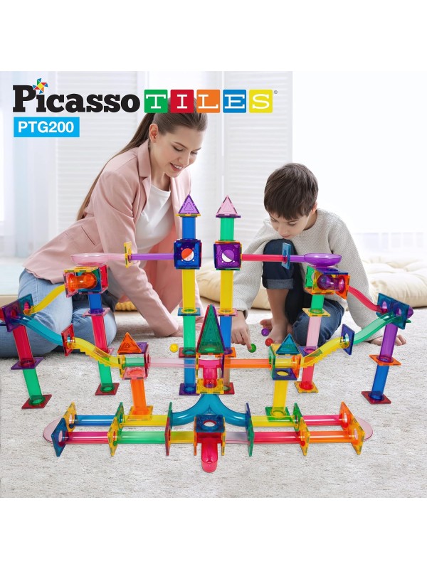 PicassoTiles 108pc 3-in-1 Marble Run Car Race Track Combo Magnetic Tiles PicassoToys Magnet Building Block Educational Construction Toy Playset STEM STEAM Learning Kit Child Brain Development PTG108