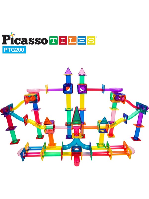 PicassoTiles 108pc 3-in-1 Marble Run Car Race Track Combo Magnetic Tiles PicassoToys Magnet Building Block Educational Construction Toy Playset STEM STEAM Learning Kit Child Brain Development PTG108
