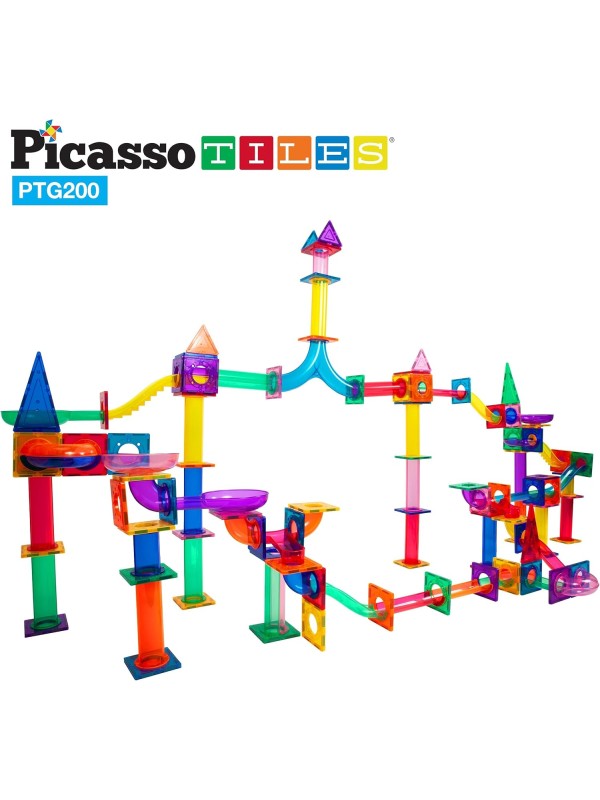 PicassoTiles 108pc 3-in-1 Marble Run Car Race Track Combo Magnetic Tiles PicassoToys Magnet Building Block Educational Construction Toy Playset STEM STEAM Learning Kit Child Brain Development PTG108