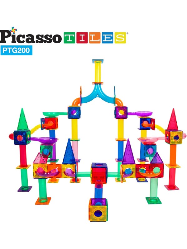 PicassoTiles 108pc 3-in-1 Marble Run Car Race Track Combo Magnetic Tiles PicassoToys Magnet Building Block Educational Construction Toy Playset STEM STEAM Learning Kit Child Brain Development PTG108