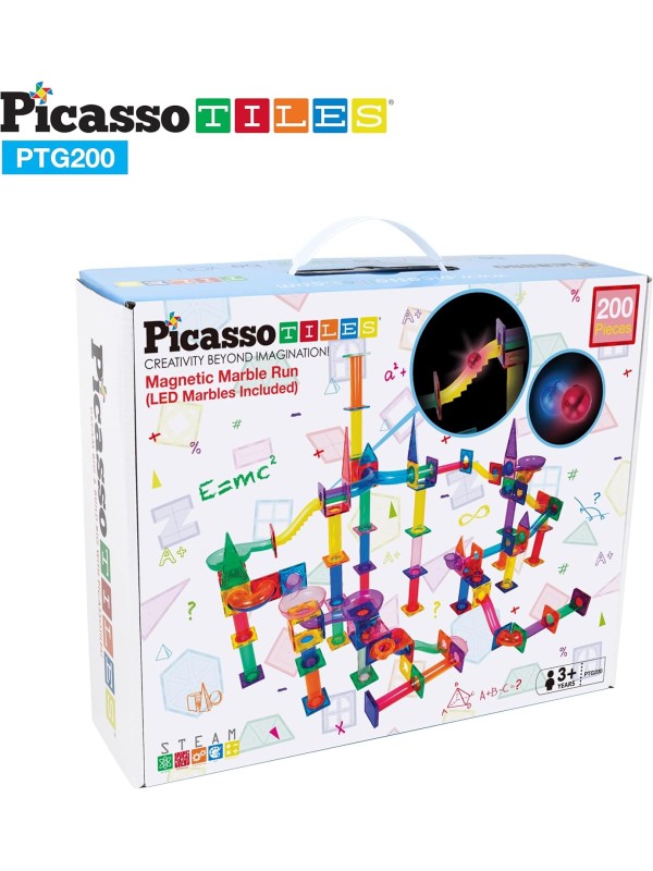 PicassoTiles 108pc 3-in-1 Marble Run Car Race Track Combo Magnetic Tiles PicassoToys Magnet Building Block Educational Construction Toy Playset STEM STEAM Learning Kit Child Brain Development PTG108
