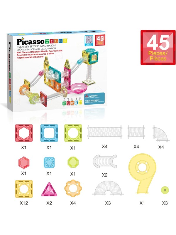 PicassoTiles 108pc 3-in-1 Marble Run Car Race Track Combo Magnetic Tiles PicassoToys Magnet Building Block Educational Construction Toy Playset STEM STEAM Learning Kit Child Brain Development PTG108