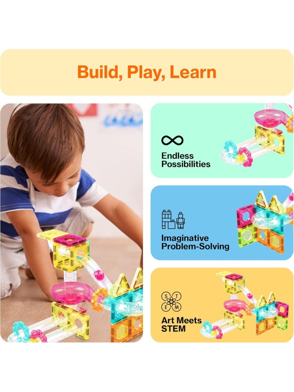 PicassoTiles 108pc 3-in-1 Marble Run Car Race Track Combo Magnetic Tiles PicassoToys Magnet Building Block Educational Construction Toy Playset STEM STEAM Learning Kit Child Brain Development PTG108