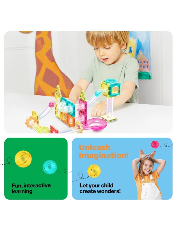 PicassoTiles 108pc 3-in-1 Marble Run Car Race Track Combo Magnetic Tiles PicassoToys Magnet Building Block Educational Construction Toy Playset STEM STEAM Learning Kit Child Brain Development PTG108