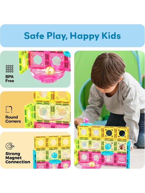 PicassoTiles 108pc 3-in-1 Marble Run Car Race Track Combo Magnetic Tiles PicassoToys Magnet Building Block Educational Construction Toy Playset STEM STEAM Learning Kit Child Brain Development PTG108