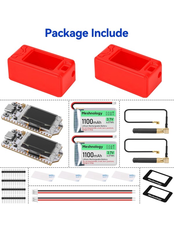 2 Pack ESP 32 Lo Ra V3 Development Board + 1100mAh Battery + Protect Case Set - with 915MHz Antenna and SX 1262 Lo Ra V3 Devices for Mesh Tastic Ar duino Lo Rawan IoT (N30 Version, Black)