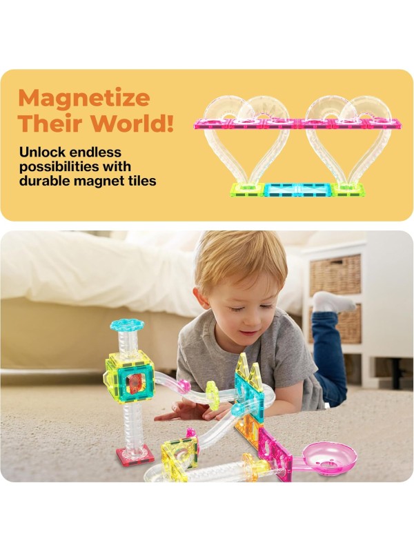 PicassoTiles 108pc 3-in-1 Marble Run Car Race Track Combo Magnetic Tiles PicassoToys Magnet Building Block Educational Construction Toy Playset STEM STEAM Learning Kit Child Brain Development PTG108