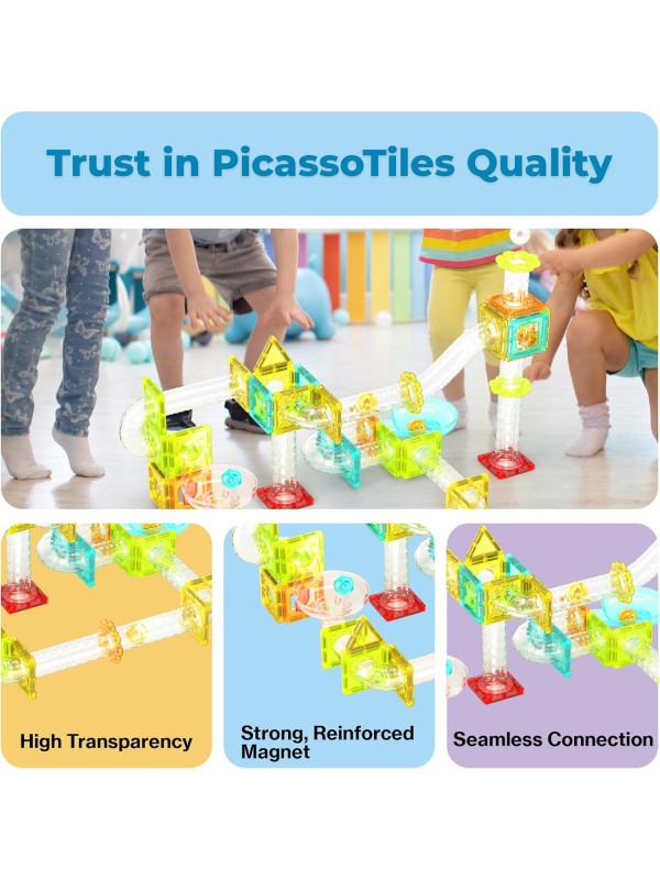 PicassoTiles 108pc 3-in-1 Marble Run Car Race Track Combo Magnetic Tiles PicassoToys Magnet Building Block Educational Construction Toy Playset STEM STEAM Learning Kit Child Brain Development PTG108