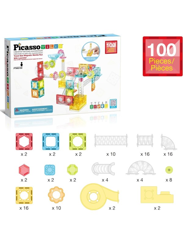 PicassoTiles 108pc 3-in-1 Marble Run Car Race Track Combo Magnetic Tiles PicassoToys Magnet Building Block Educational Construction Toy Playset STEM STEAM Learning Kit Child Brain Development PTG108