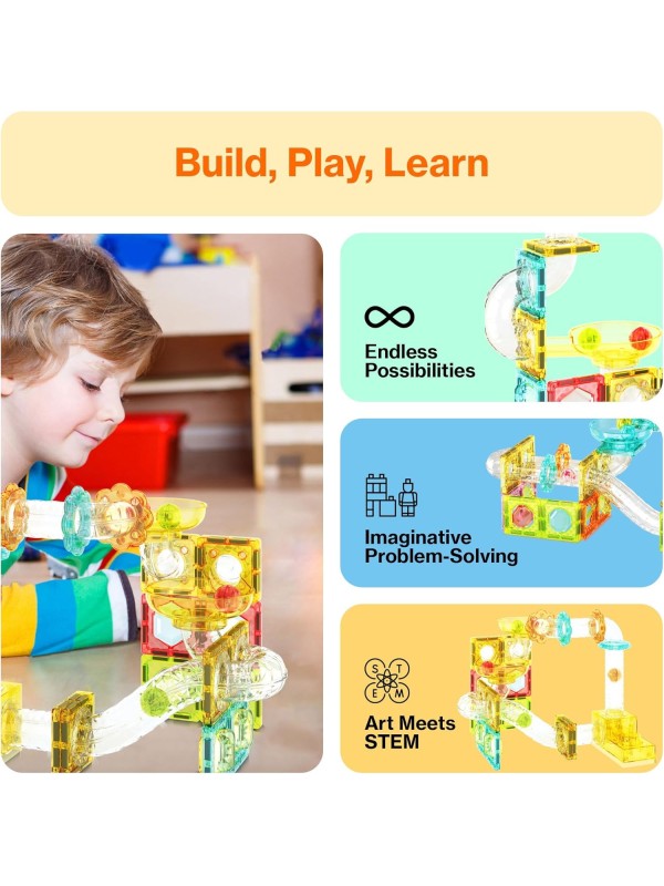 PicassoTiles 108pc 3-in-1 Marble Run Car Race Track Combo Magnetic Tiles PicassoToys Magnet Building Block Educational Construction Toy Playset STEM STEAM Learning Kit Child Brain Development PTG108