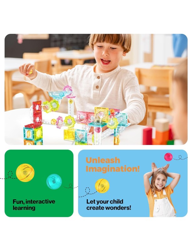 PicassoTiles 108pc 3-in-1 Marble Run Car Race Track Combo Magnetic Tiles PicassoToys Magnet Building Block Educational Construction Toy Playset STEM STEAM Learning Kit Child Brain Development PTG108