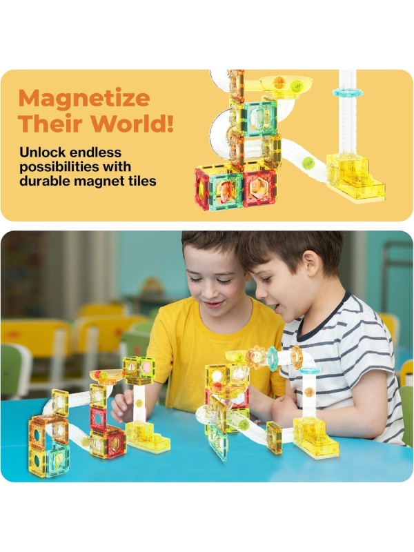 PicassoTiles 108pc 3-in-1 Marble Run Car Race Track Combo Magnetic Tiles PicassoToys Magnet Building Block Educational Construction Toy Playset STEM STEAM Learning Kit Child Brain Development PTG108
