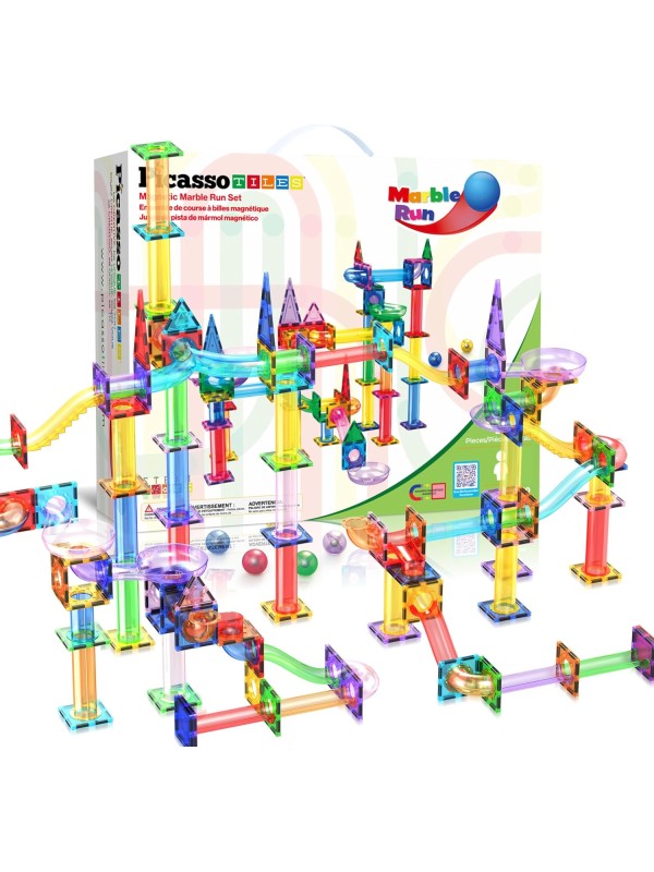 PicassoTiles 108pc 3-in-1 Marble Run Car Race Track Combo Magnetic Tiles PicassoToys Magnet Building Block Educational Construction Toy Playset STEM STEAM Learning Kit Child Brain Development PTG108